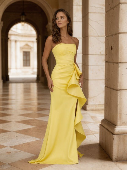 Ruffled Strapless Satin Mermaid Floor-Length Prom Dress