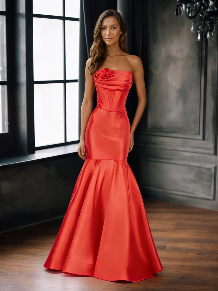 Rose-Accented Strapless Satin Mermaid Floor-Length Prom Dress