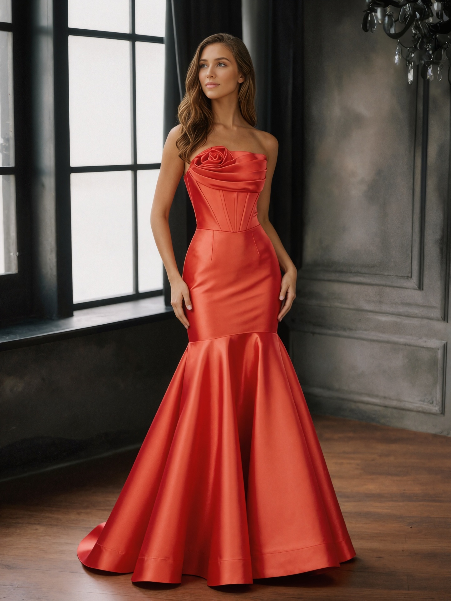 Rose-Accented Strapless Satin Mermaid Floor-Length Prom Dress