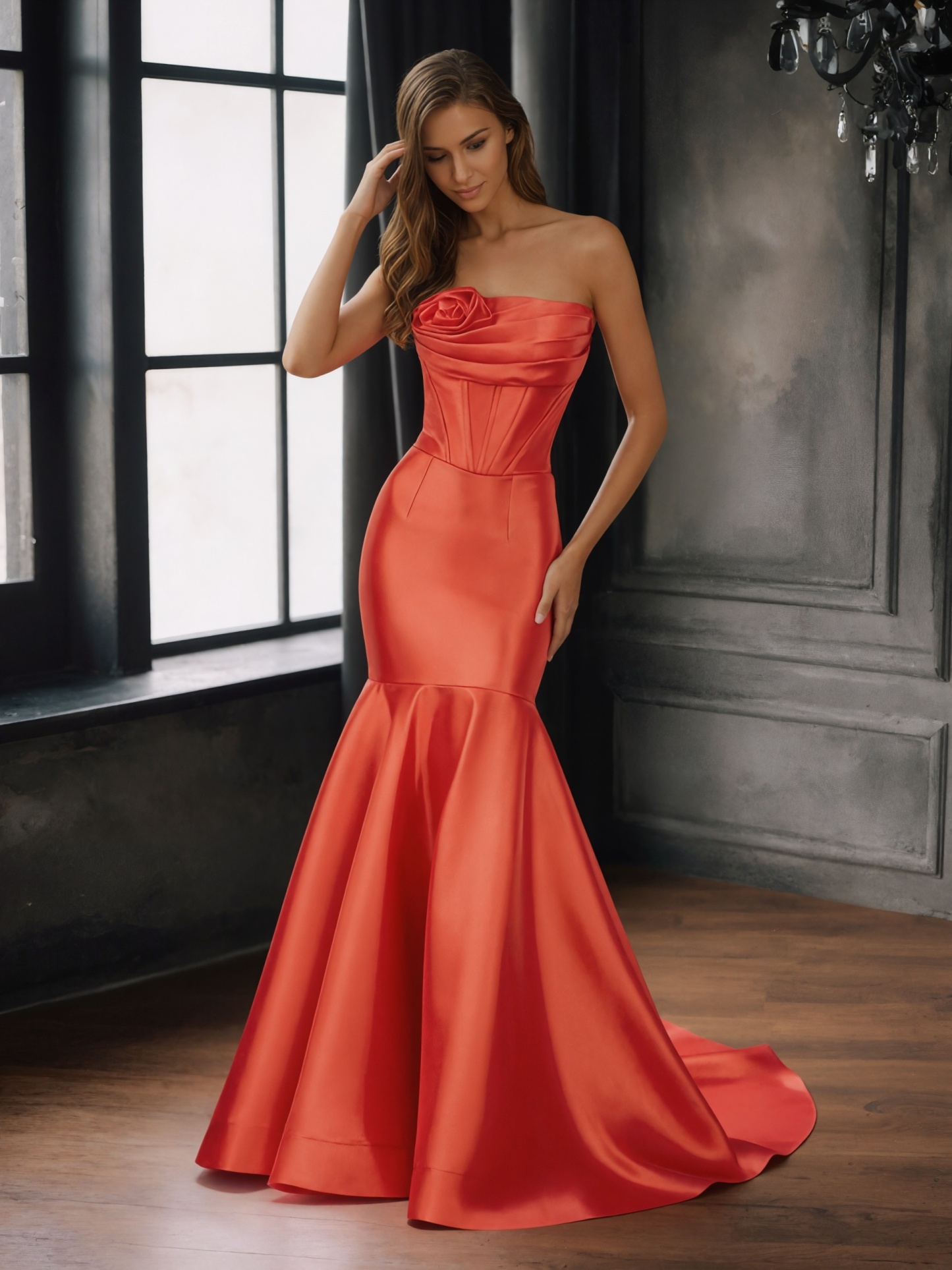 Rose-Accented Strapless Satin Mermaid Floor-Length Prom Dress