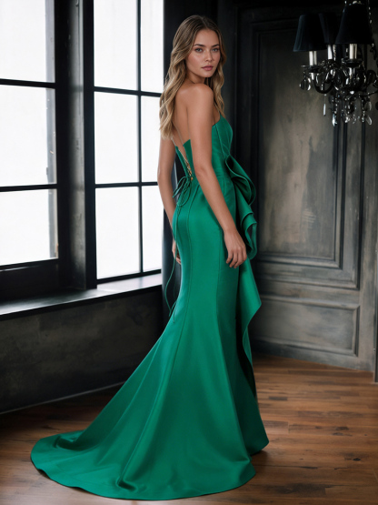 Bow-Accented Strapless Satin Mermaid Floor-Length Prom Dress