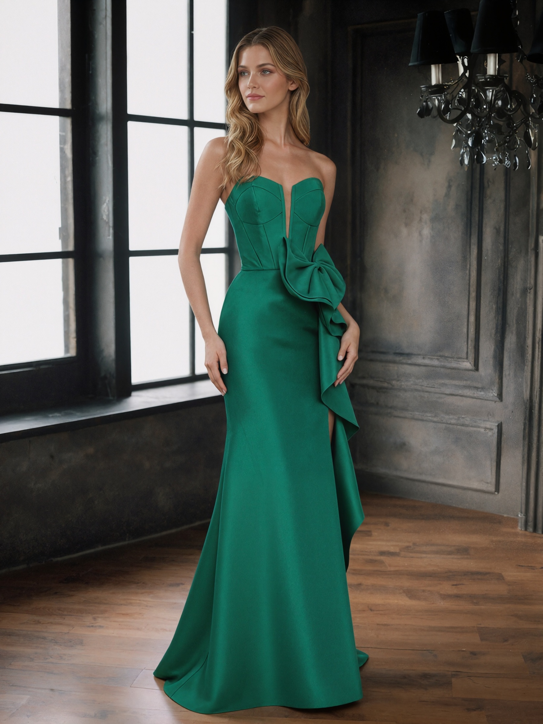 Bow-Accented Strapless Satin Mermaid Floor-Length Prom Dress