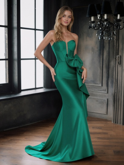 Bow-Accented Strapless Satin Mermaid Floor-Length Prom Dress