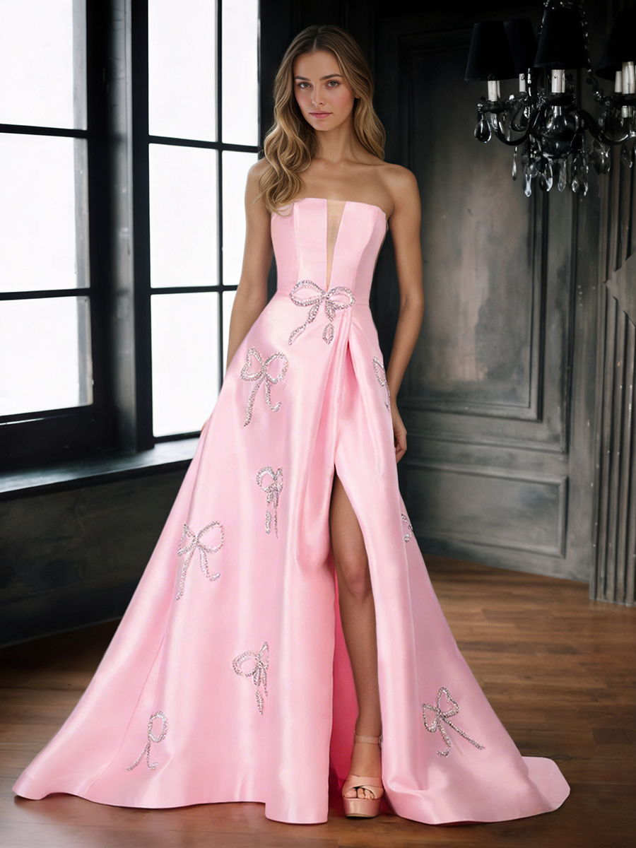 Rhinestone Bow Strapless Satin A-Line Floor-Length Prom Dress