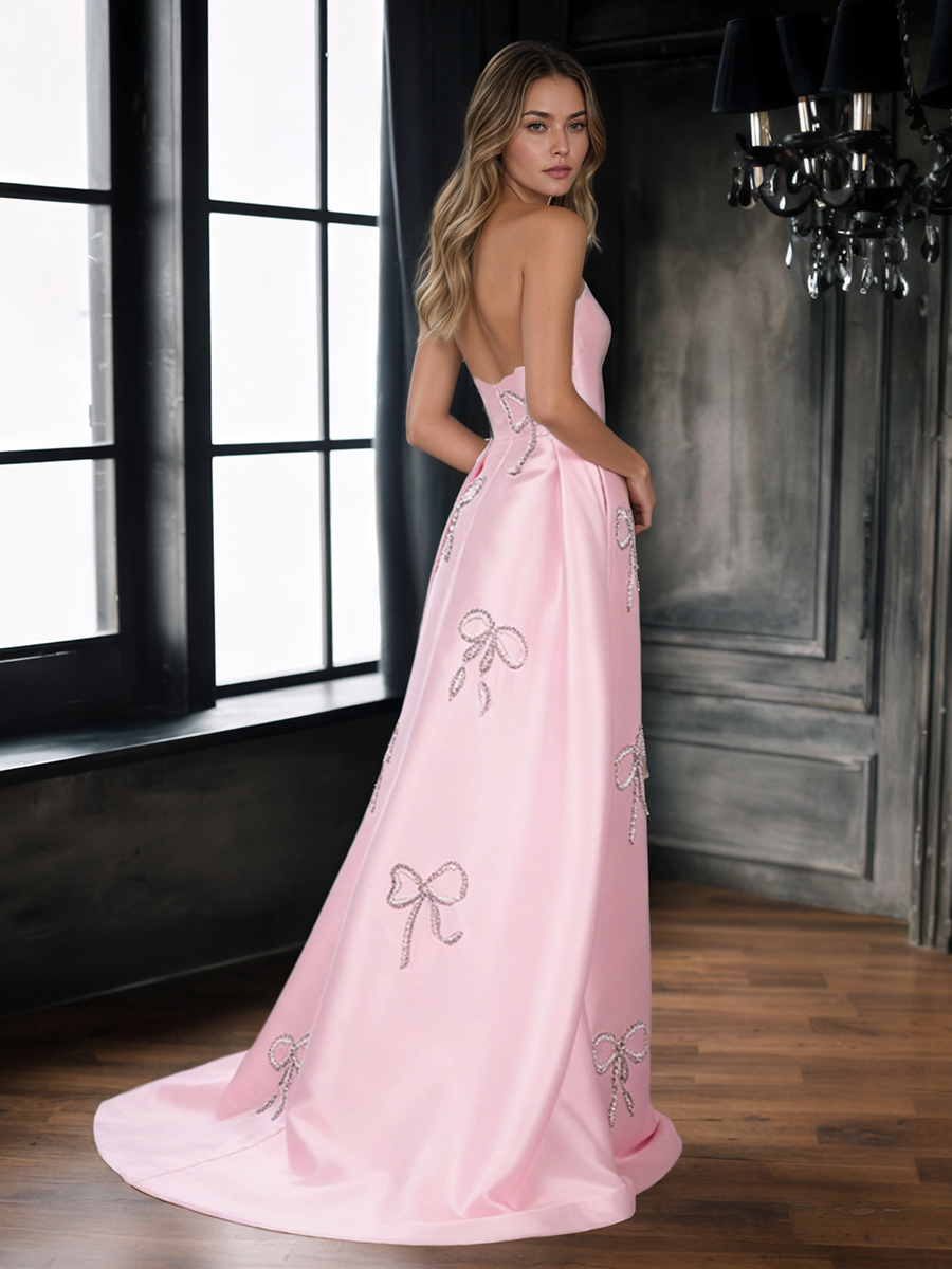 Rhinestone Bow Strapless Satin A-Line Floor-Length Prom Dress