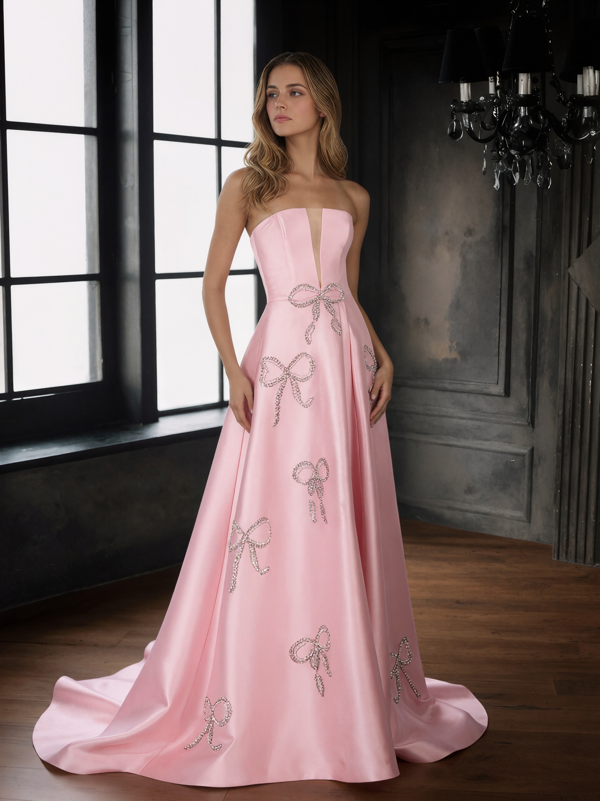 Rhinestone Bow Strapless Satin A-Line Floor-Length Prom Dress