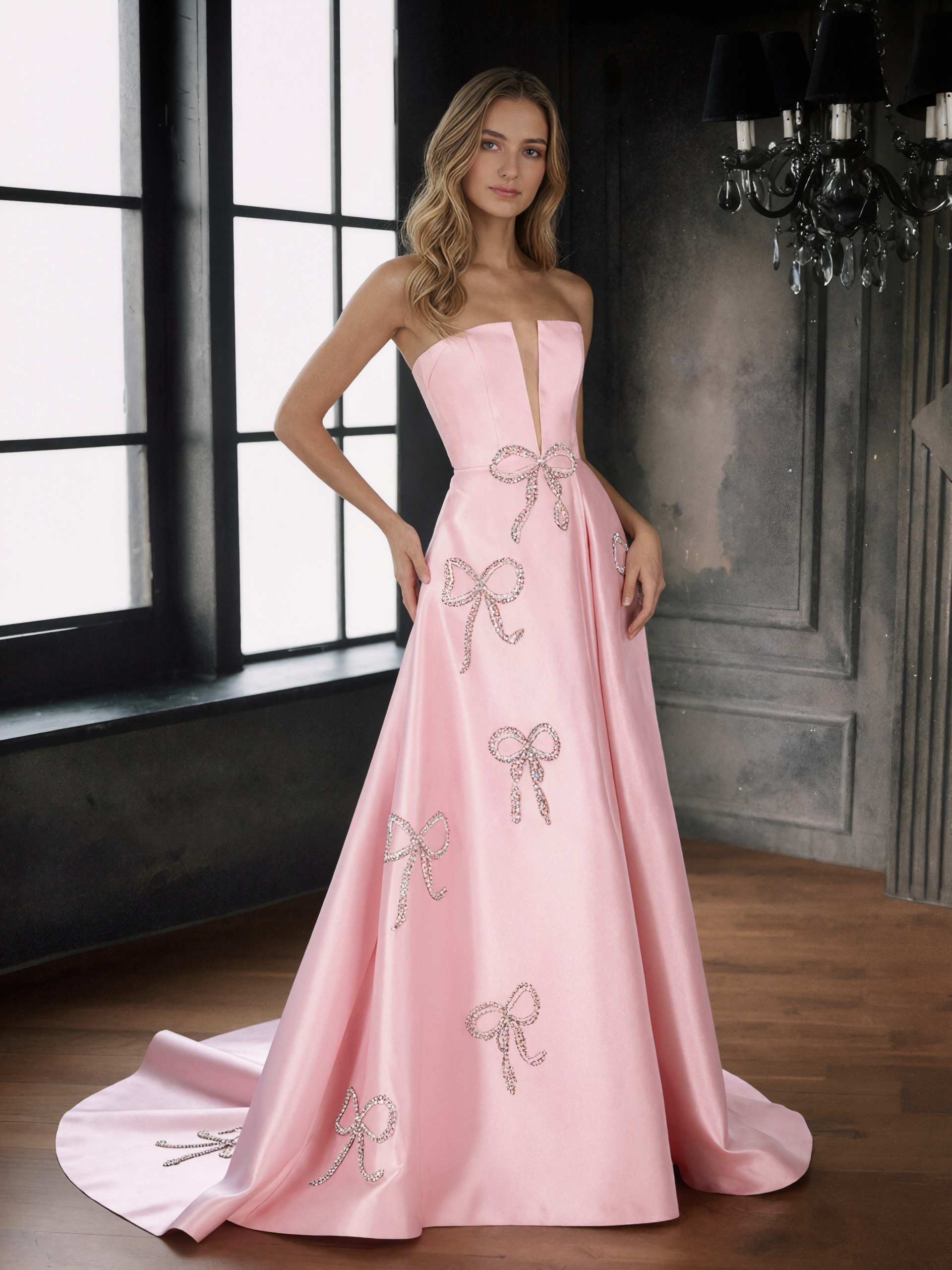 Rhinestone Bow Strapless Satin A-Line Floor-Length Prom Dress