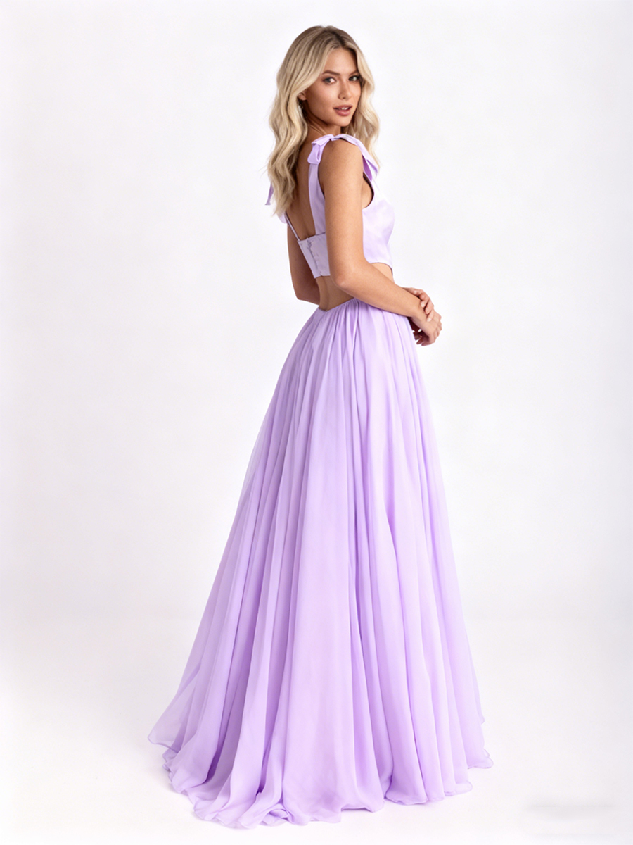 Elegant Bow Strap Square Neck Cutout High Slit Chiffon Satin Maxi Prom Dress with Pocket