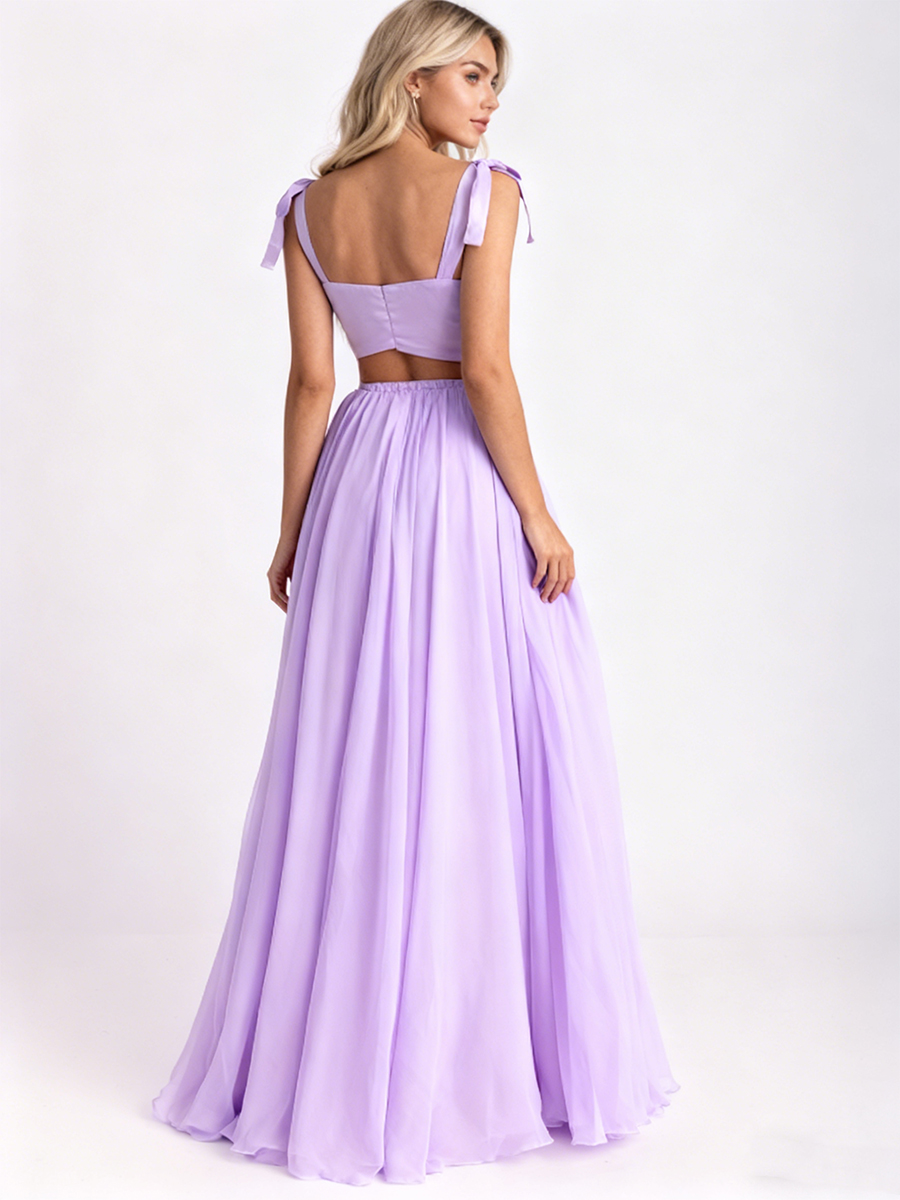 Elegant Bow Strap Square Neck Cutout High Slit Chiffon Satin Maxi Prom Dress with Pocket