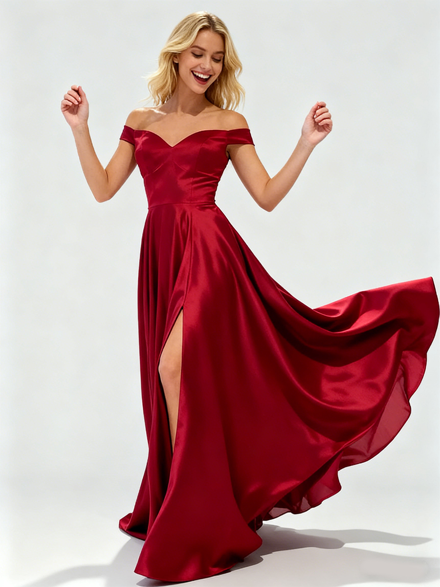 Off-the-Shoulder Sweetheart Neck Satin High Slit A-Line Prom Gown