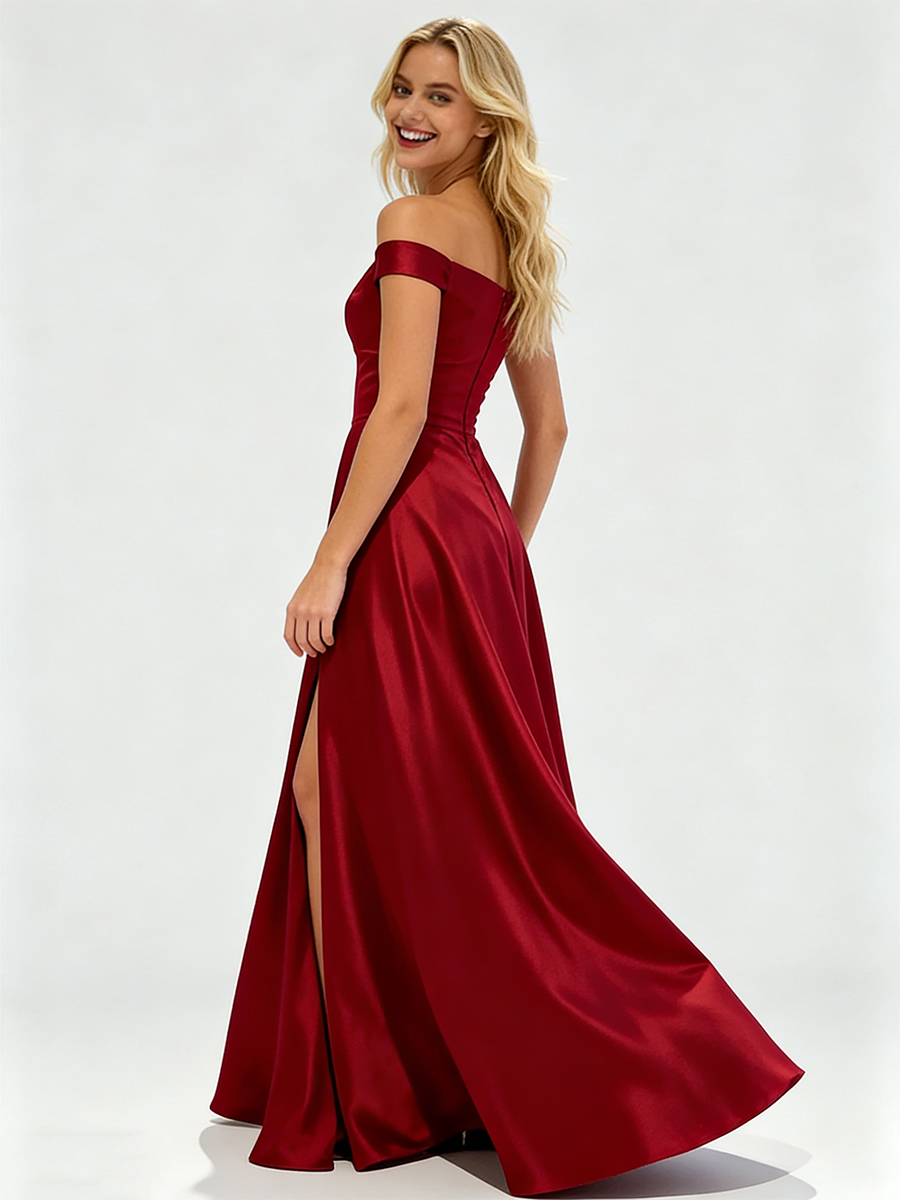 Off-the-Shoulder Sweetheart Neck Satin High Slit A-Line Prom Gown