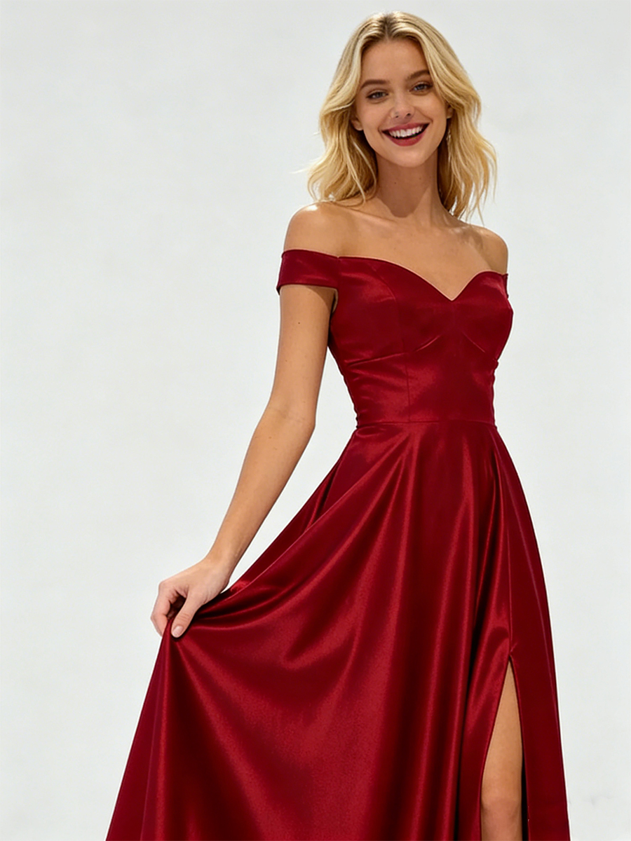 Off-the-Shoulder Sweetheart Neck Satin High Slit A-Line Prom Gown