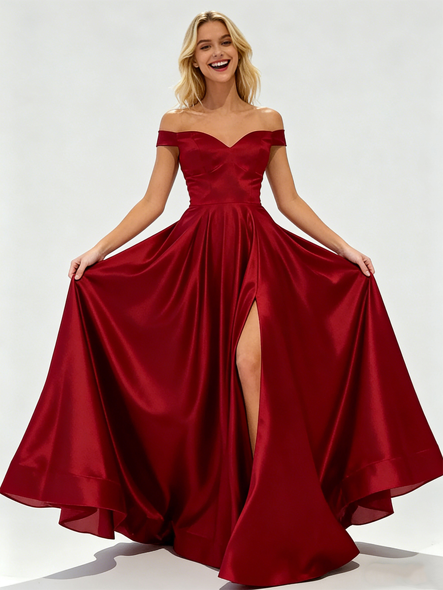 Off-the-Shoulder Sweetheart Neck Satin High Slit A-Line Prom Gown