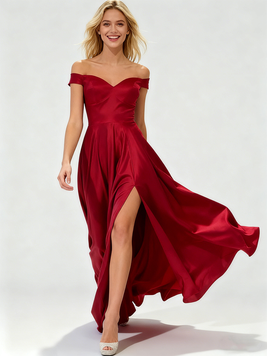 Off-the-Shoulder Sweetheart Neck Satin High Slit A-Line Prom Gown