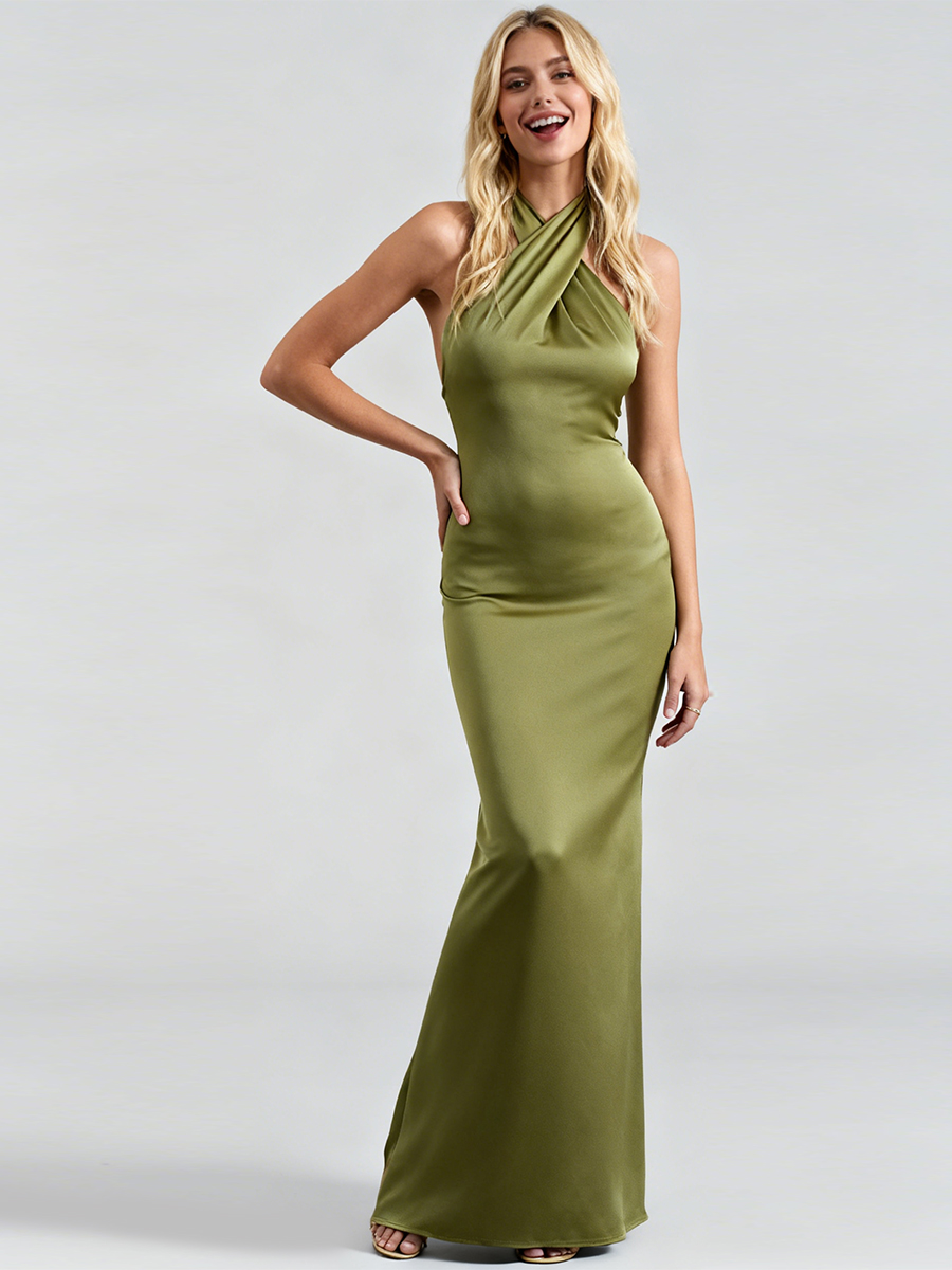 Elegant Cross Halter Neck Satin Bodycon Mermaid Prom Gown