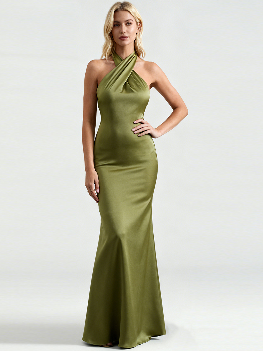Elegant Cross Halter Neck Satin Bodycon Mermaid Prom Gown