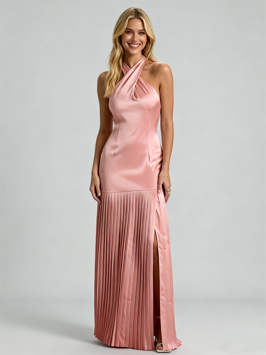 Cross Halter Neck Satin Pleated High Slit Maxi Prom Dress