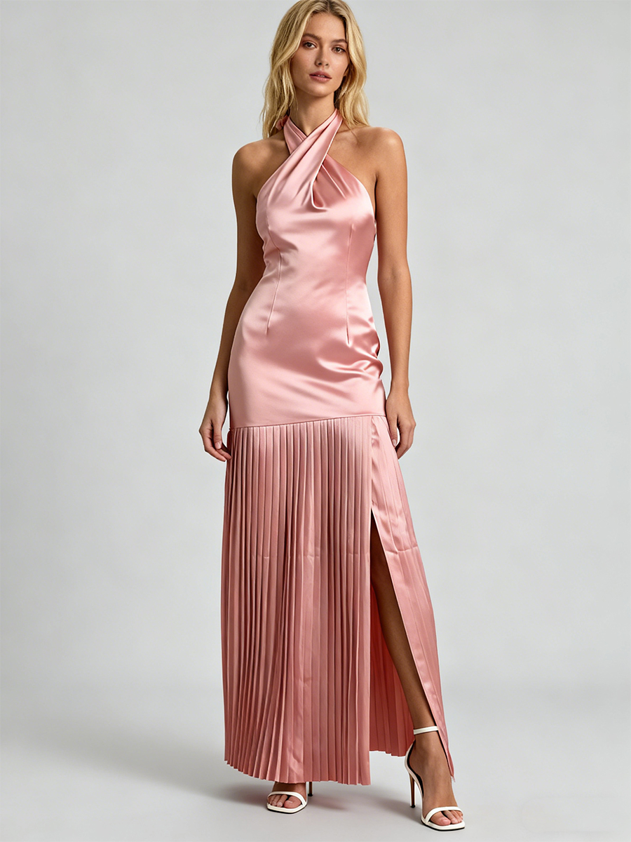 Cross Halter Neck Satin Pleated High Slit Maxi Prom Dress