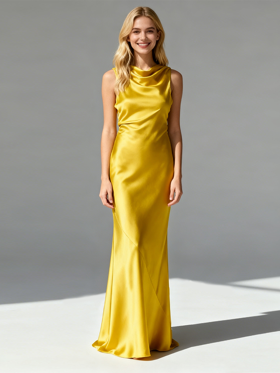 Elegant Cowl Neck Sleeveless Satin Bodycon Mermaid Formal Prom Gown