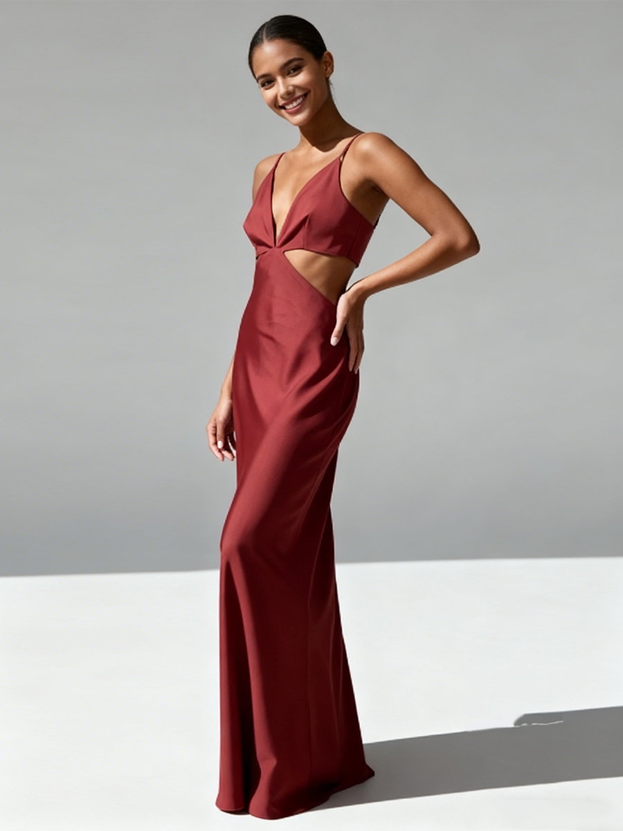 Spaghetti Strap Deep V-Neck Waist Cutout Bodycon Mermaid Prom Gown