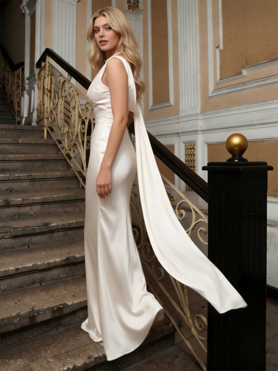 Elegant One-Shoulder Cowl Neck Satin Drape Bodycon Mermaid Formal Wedding Guest Dress