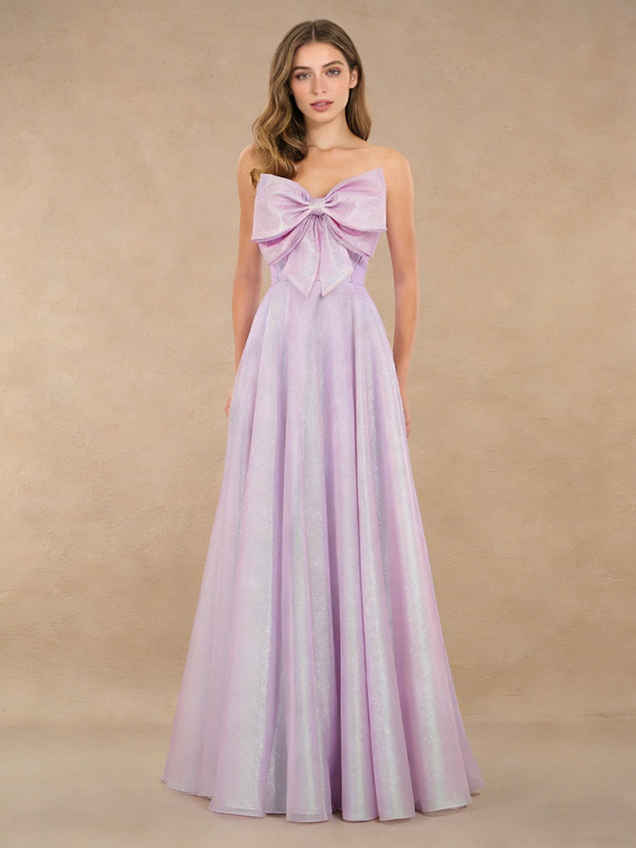 Strapless Oversized Bow Iridescent Pearl Train Long Prom Gown