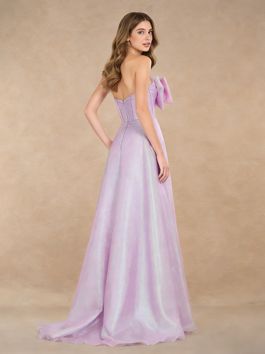 Strapless Oversized Bow Iridescent Pearl Train Long Prom Gown