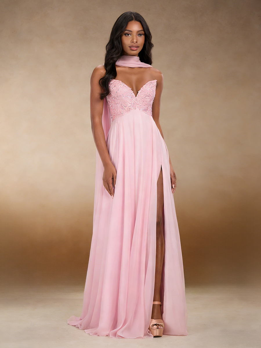 Elegant Strapless Lace Applique Drape High Slit Chiffon Maxi Formal Wedding Guest Dress