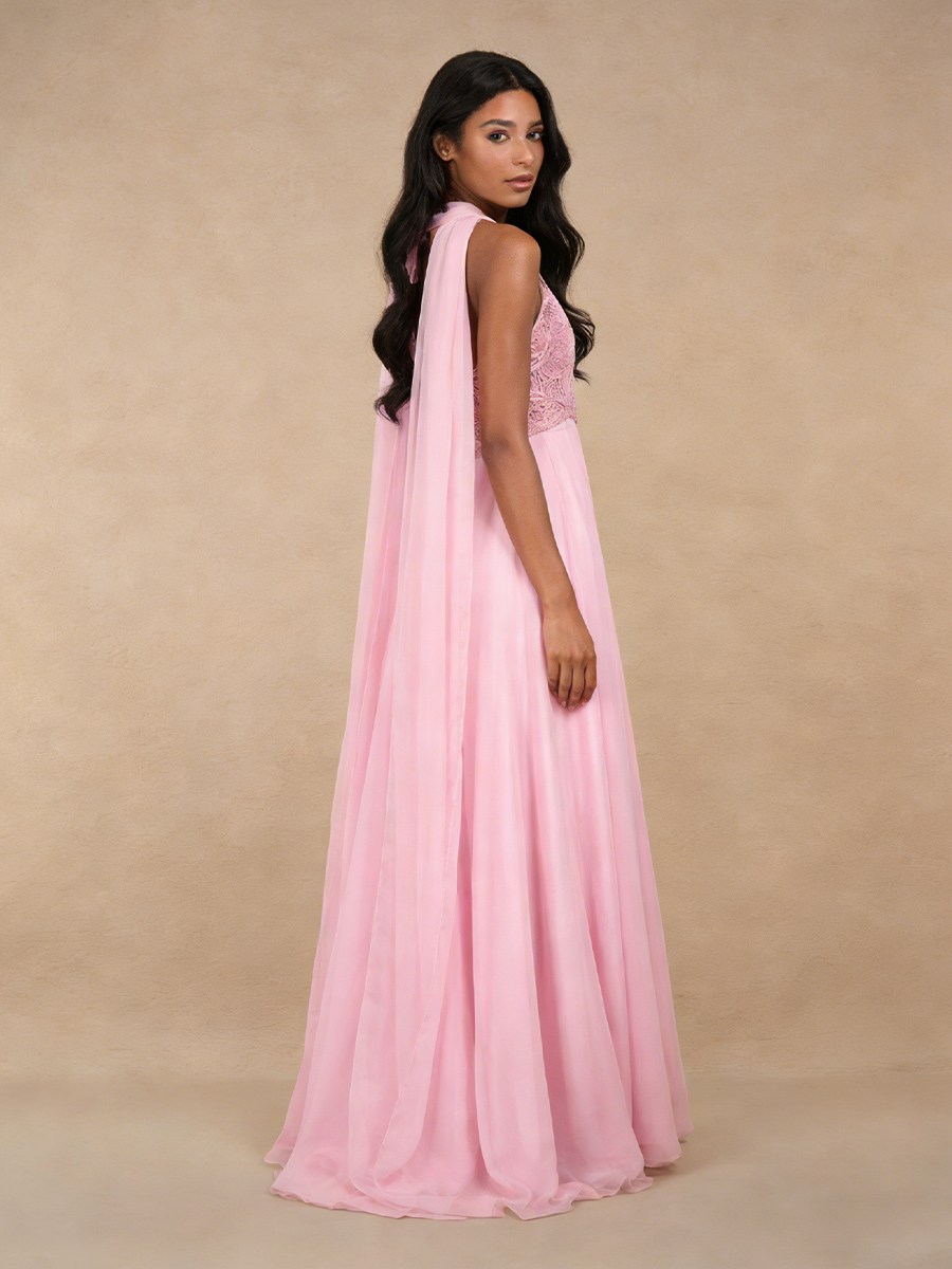 Elegant Strapless Lace Applique Drape High Slit Chiffon Maxi Formal Wedding Guest Dress