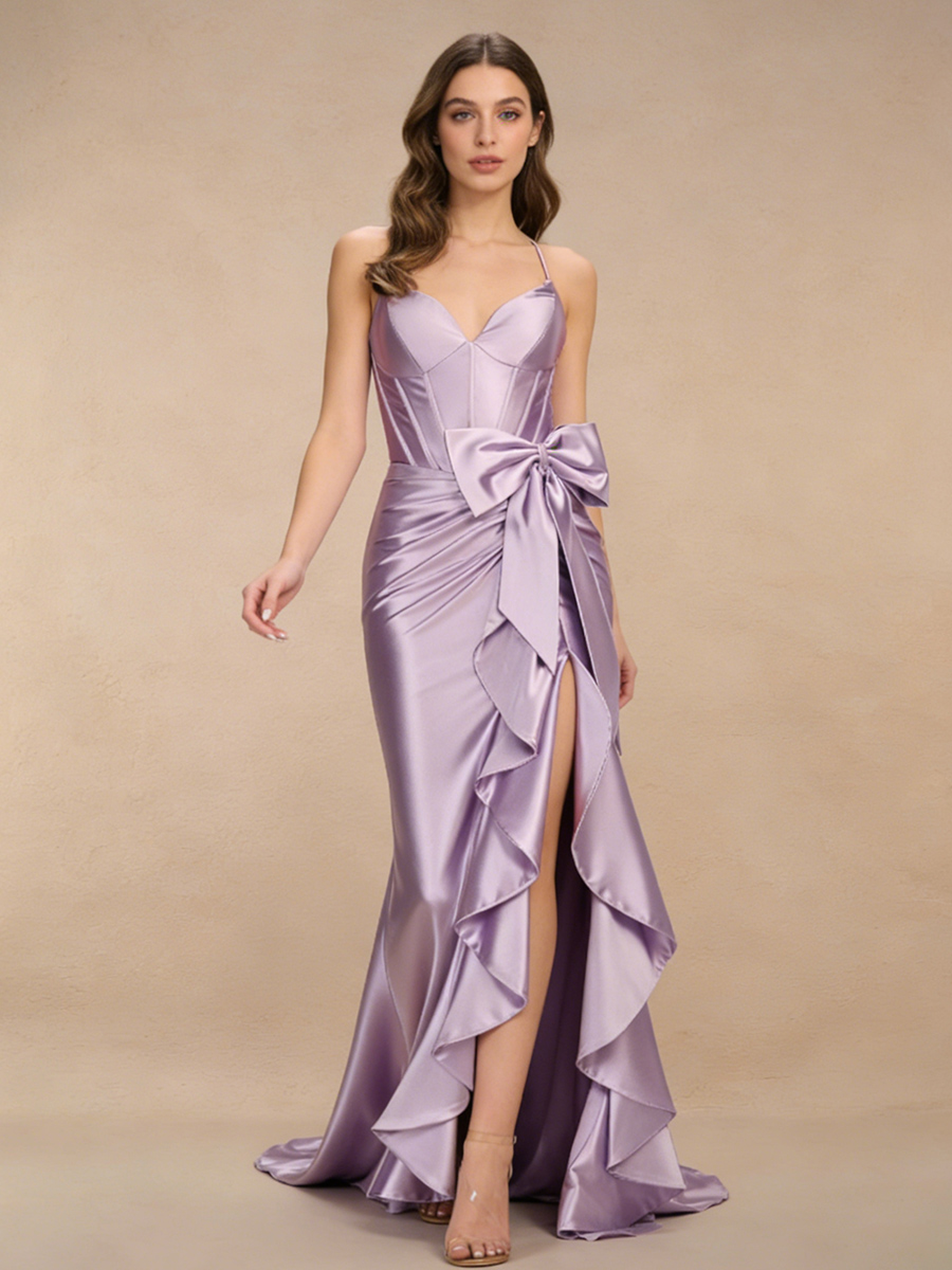 Spaghetti Strap Sweetheart Neck Side Bow Ruffle High Slit Lace-Up Back Prom Gown