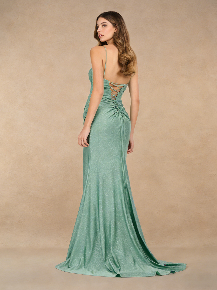 Spaghetti Strap Sweetheart Neck Ruched Glitter High Slit Lace-Up Back Train Prom Gown