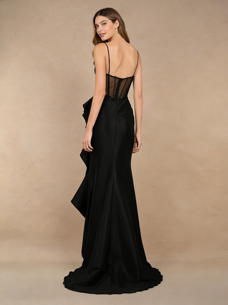 Spaghetti Strap V-Neck Bow Mesh Corset Diagonal Ruffle High Slit Open Back Prom Gown