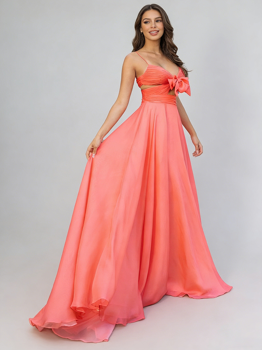 Elegant Spaghetti Strap Ruched Bow Cutout Lace-Up Back Train Chiffon Maxi Prom Dress