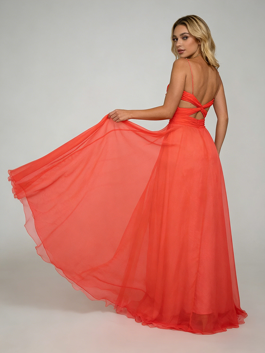 Elegant Spaghetti Strap Ruched Bow Cutout Lace-Up Back Train Chiffon Maxi Prom Dress