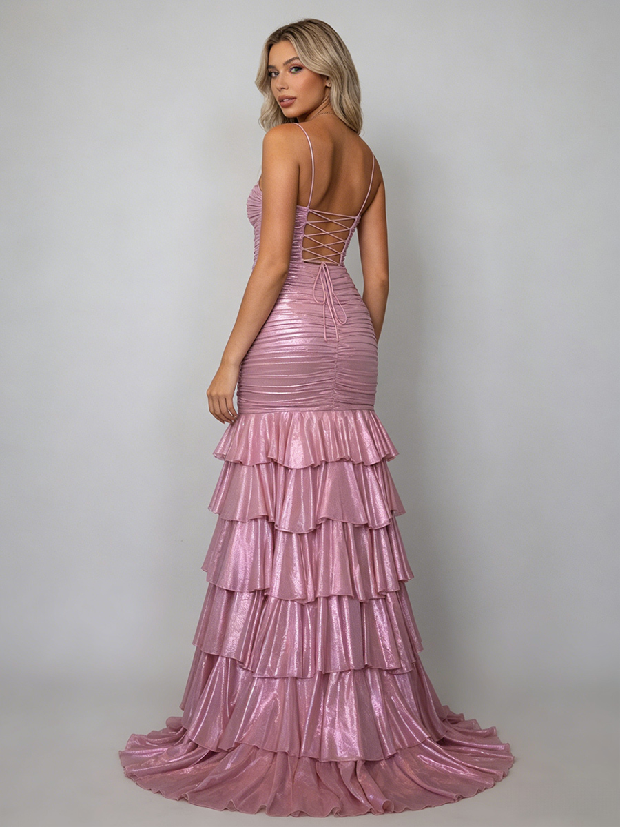 Sexy Spaghetti Strap Sweetheart Neck Ruched Cutout Lace-Up Back Tiered Ruffle High Slit Prom Gown