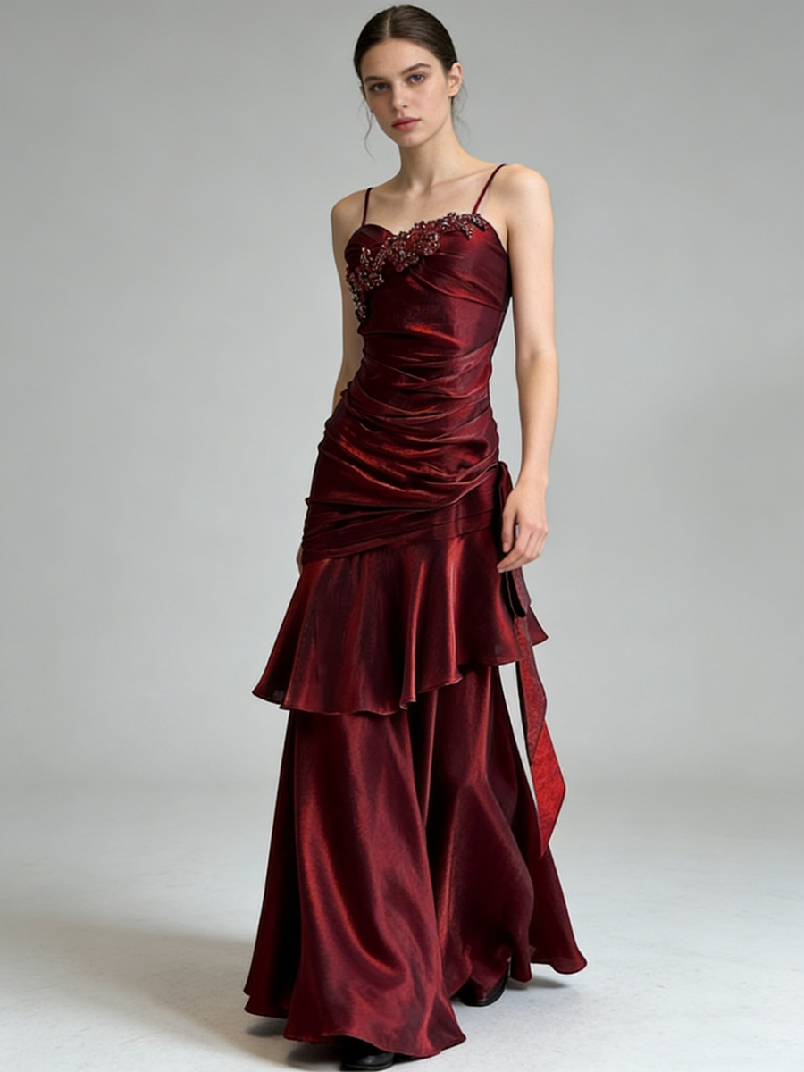 Spaghetti Strap Sweetheart Neck Beaded Ruched Diagonal Ruffle Satin Prom Gown