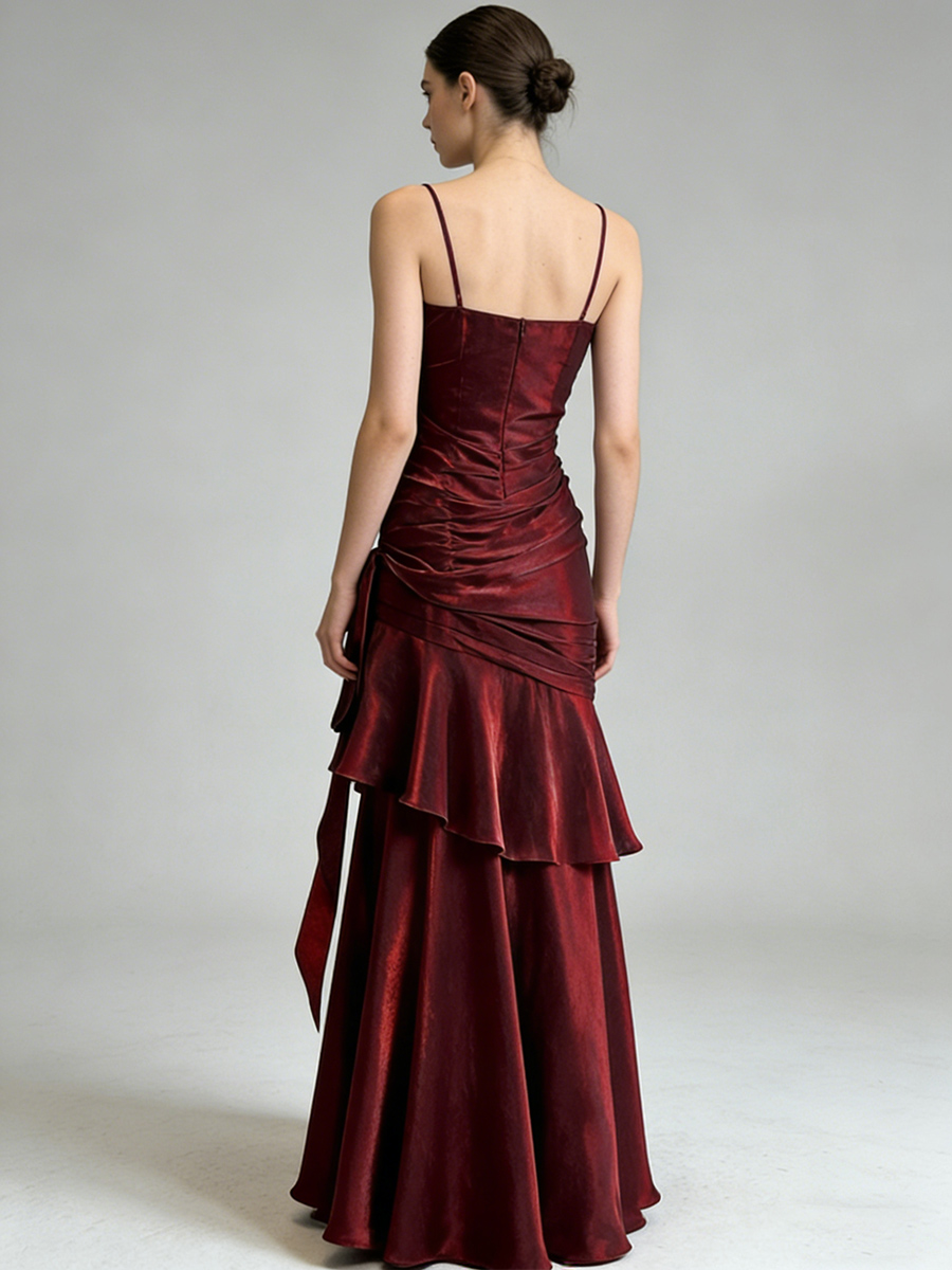 Spaghetti Strap Sweetheart Neck Beaded Ruched Diagonal Ruffle Satin Prom Gown