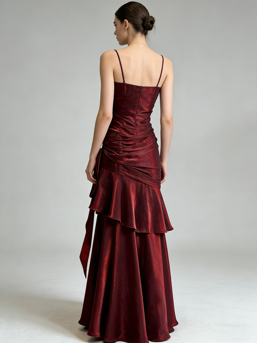 Spaghetti Strap Sweetheart Neck Beaded Ruched Diagonal Ruffle Satin Prom Gown