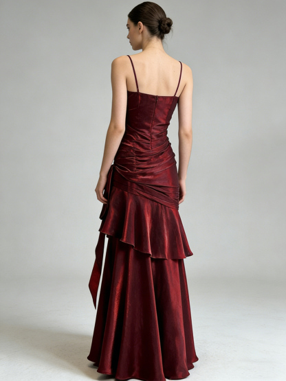 Spaghetti Strap Sweetheart Neck Beaded Ruched Diagonal Ruffle Satin Prom Gown