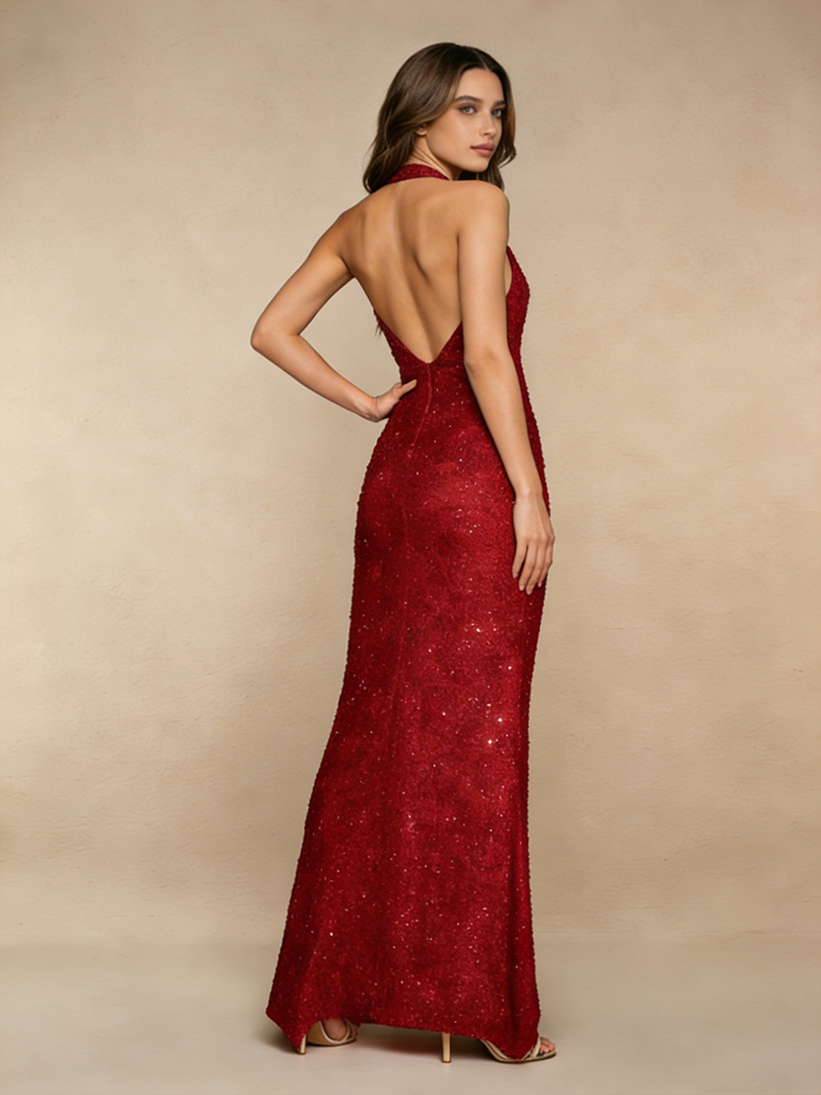 Sexy Halter Deep V-Neck Sequin High Slit Open Back Bodycon Prom Gown