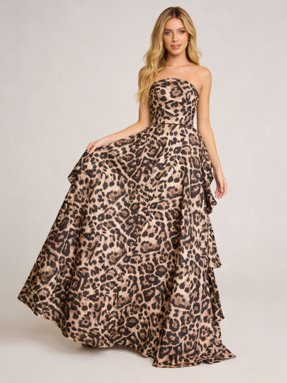 Strapless Leopard Print Tiered Ruffle Train Prom Gown