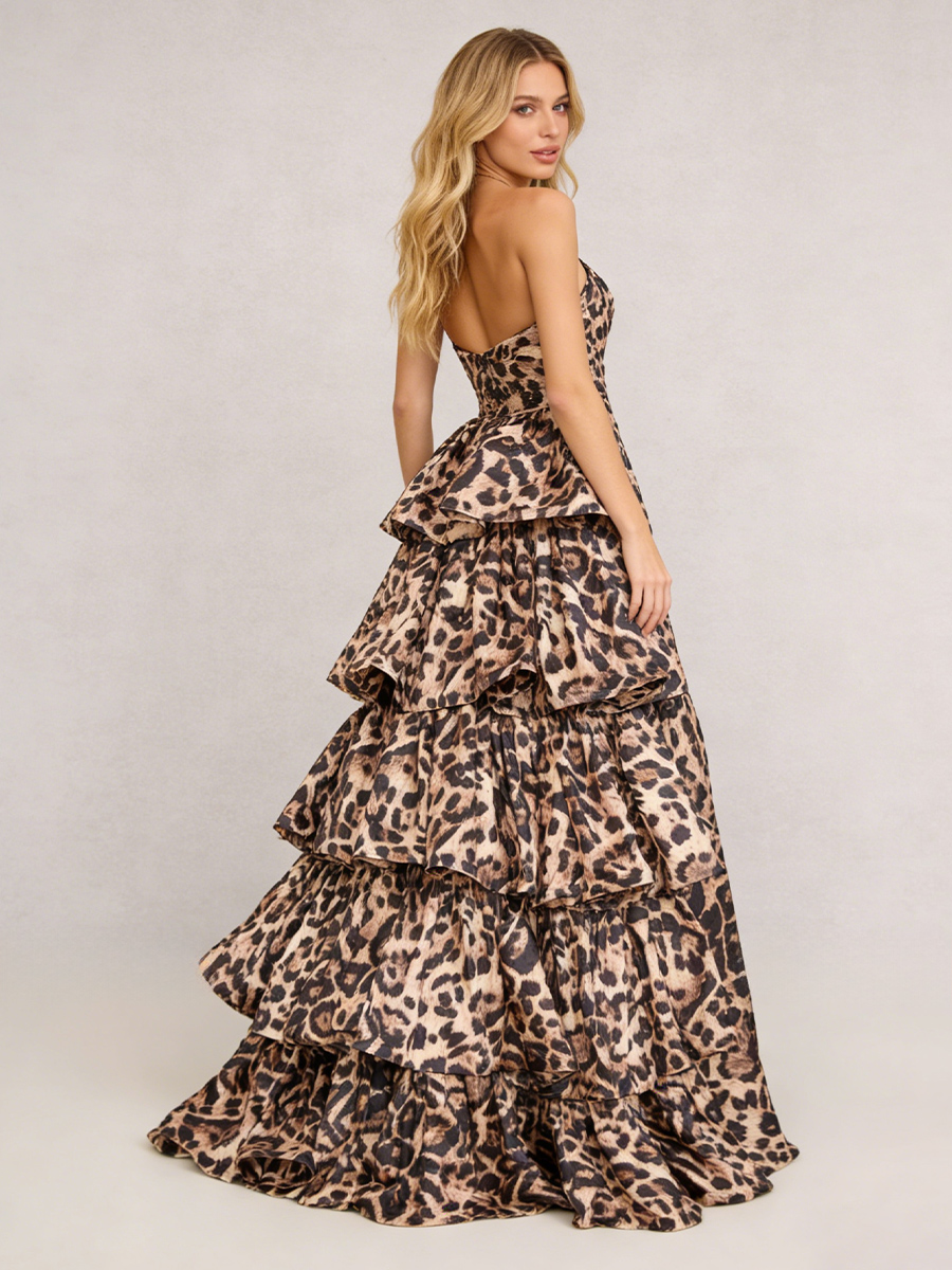 Strapless Leopard Print Tiered Ruffle Train Prom Gown