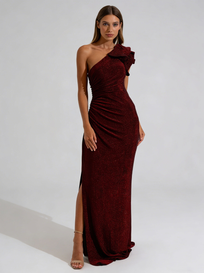One-Shoulder Ruffle Glitter Ruched High Slit Open Back Bodycon Prom Gown