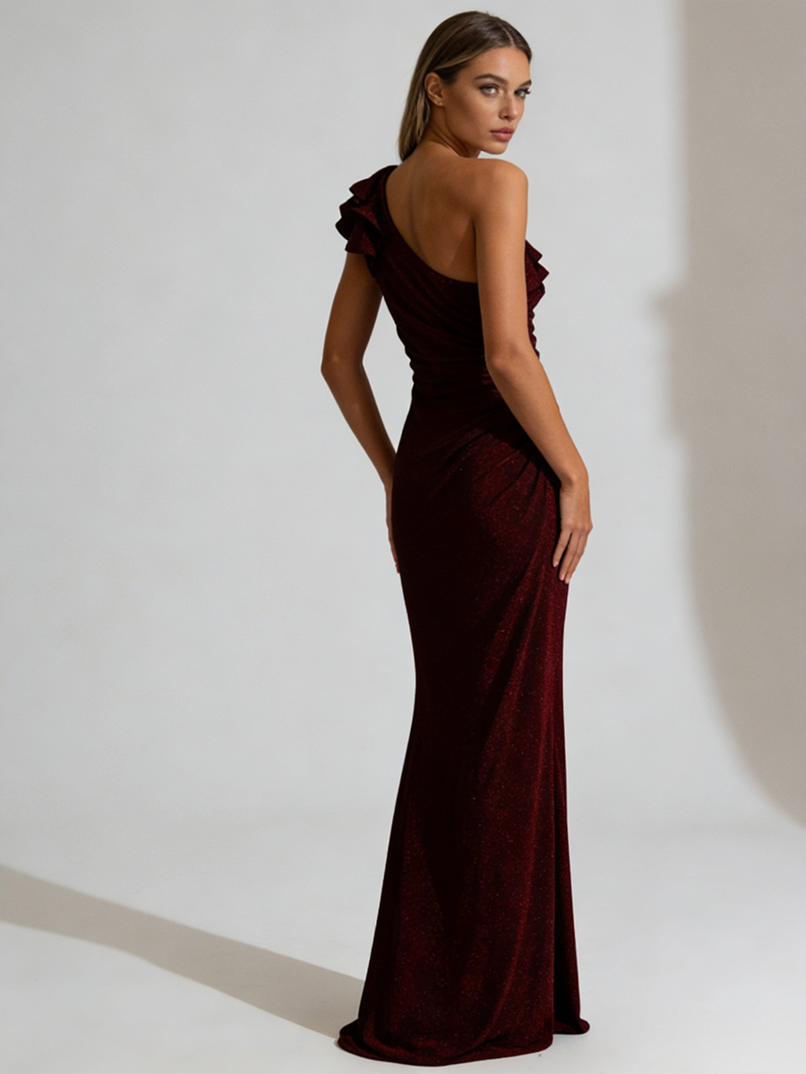 One-Shoulder Ruffle Glitter Ruched High Slit Open Back Bodycon Prom Gown