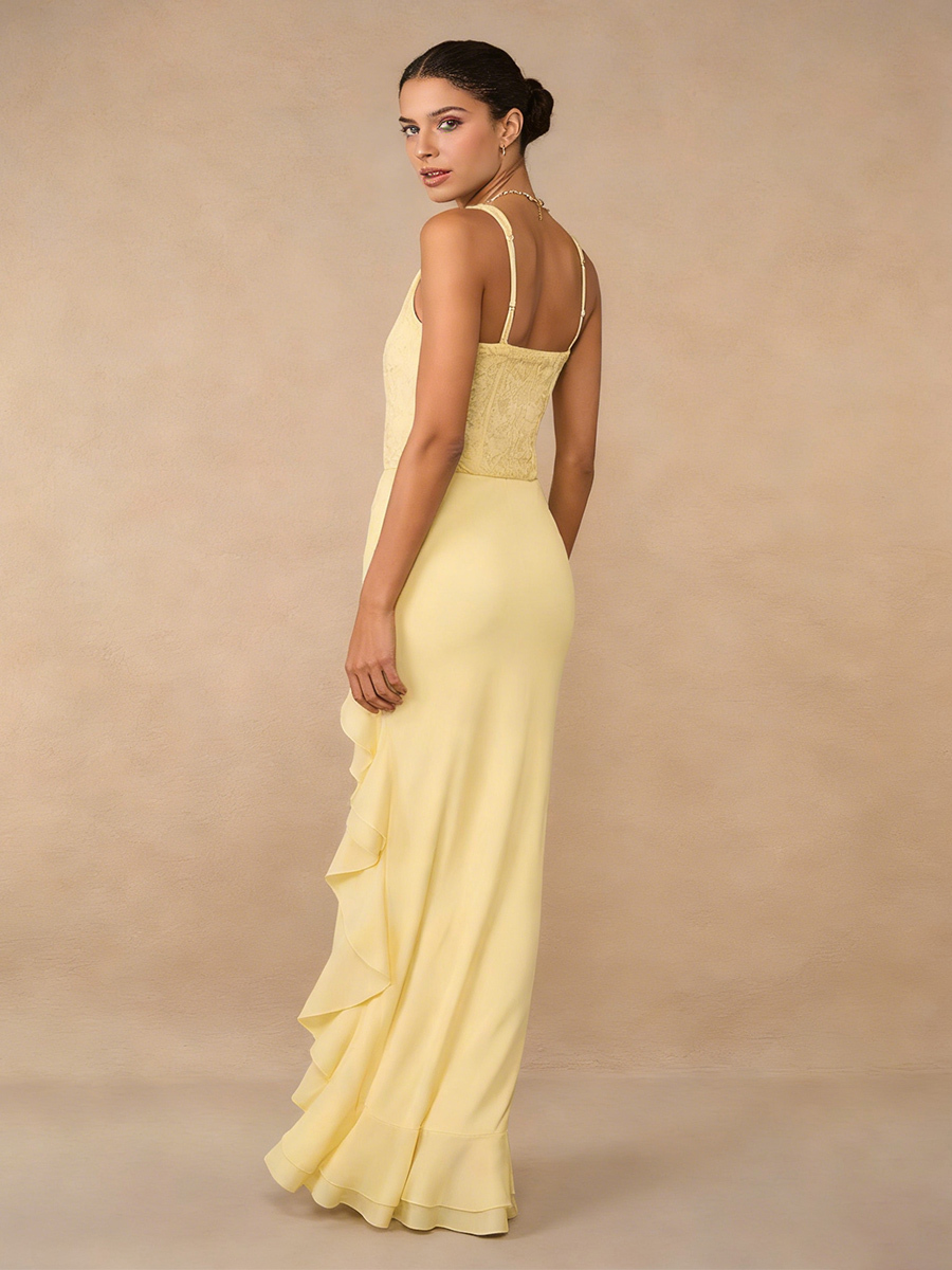 Elegant Square Neck Lace Panel Tiered Ruffle High Slit Prom Gown