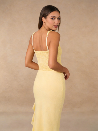 Elegant Square Neck Lace Panel Tiered Ruffle High Slit Prom Gown