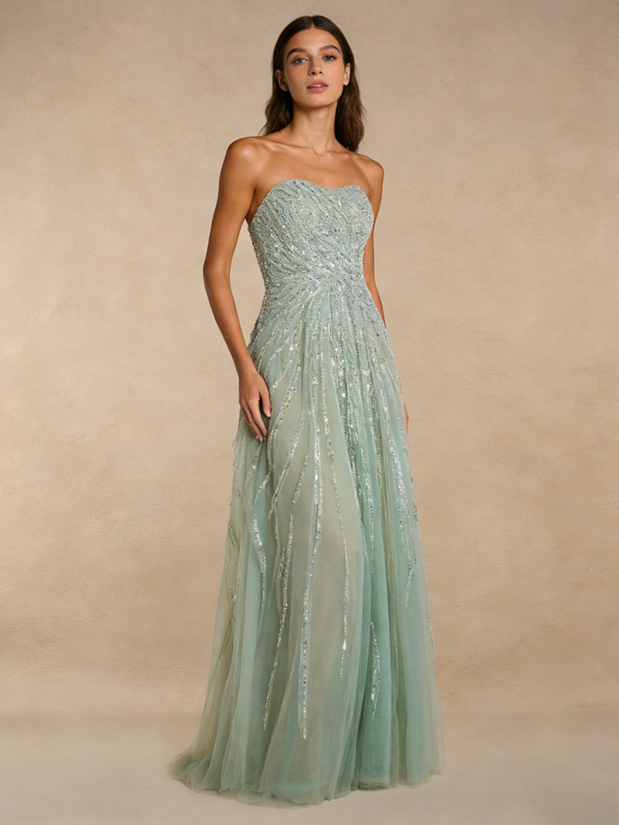 Sexy Strapless Beaded Tulle A-Line Prom Gown
