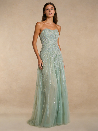 Sexy Strapless Beaded Tulle A-Line Prom Gown