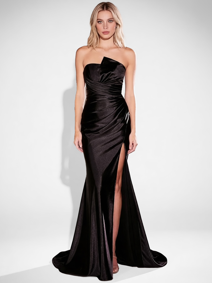 Elegant Strapless Ruched Satin Mermaid Train Prom Gown