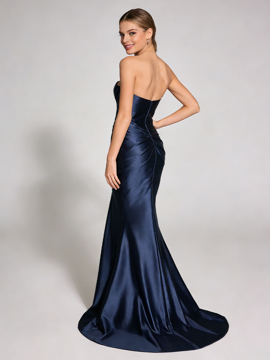 Elegant Strapless Ruched Satin Mermaid Train Prom Gown